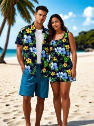 Matching Hawaii Shirt and Romper Plus Size Beach Outfit Tropical Leaf Hibiscus Printed for Couples -  
