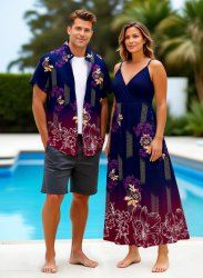 Tenue de plage hawaïenne assortie grande taille à imprimé ombré de fleurs et de feuilles pour couples - Noir 