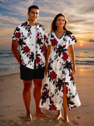 Tenue de plage hawaïenne assortie grande taille à imprimé fleurs et feuilles pour couples - Blanc 