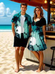 Coconut Tree Sea Moon Print Plus Size Matching Hawaii Beach Outfit For Couples -  