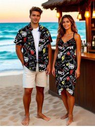 Guitar Letters Print Plus Size Matching Hawaii Rock and Roll Beach Outfit For Couples -  