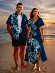 Flower Paisley Print Plus Size Matching Hawaii Beach Outfit For Couples -  