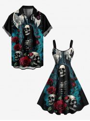 Halloween Skull Skeleton Rose Flower Moon Butterfly Castle Print Plus Size Matching Outfit For Couples -  