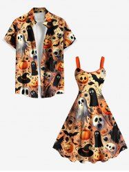 Tenue d'Halloween grande taille assortie pour couples, motif citrouille, crâne, fantôme, sorcier, toile d'araignée, chauve-souris - Orange 