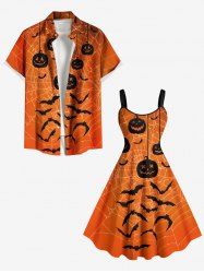 Halloween Pumpkin Bat Spider Web Print Plus Size Matching Outfit For Couples -  