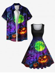 Halloween Pumpkin Cross Tree Moon Galaxy Print Plus Size Matching Outfit For Couples -  