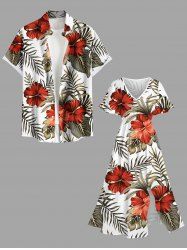 Tropical Leaf Hibiscus Flower Print Plus Size Matching Hawaii Beach Outfit For Couples -  