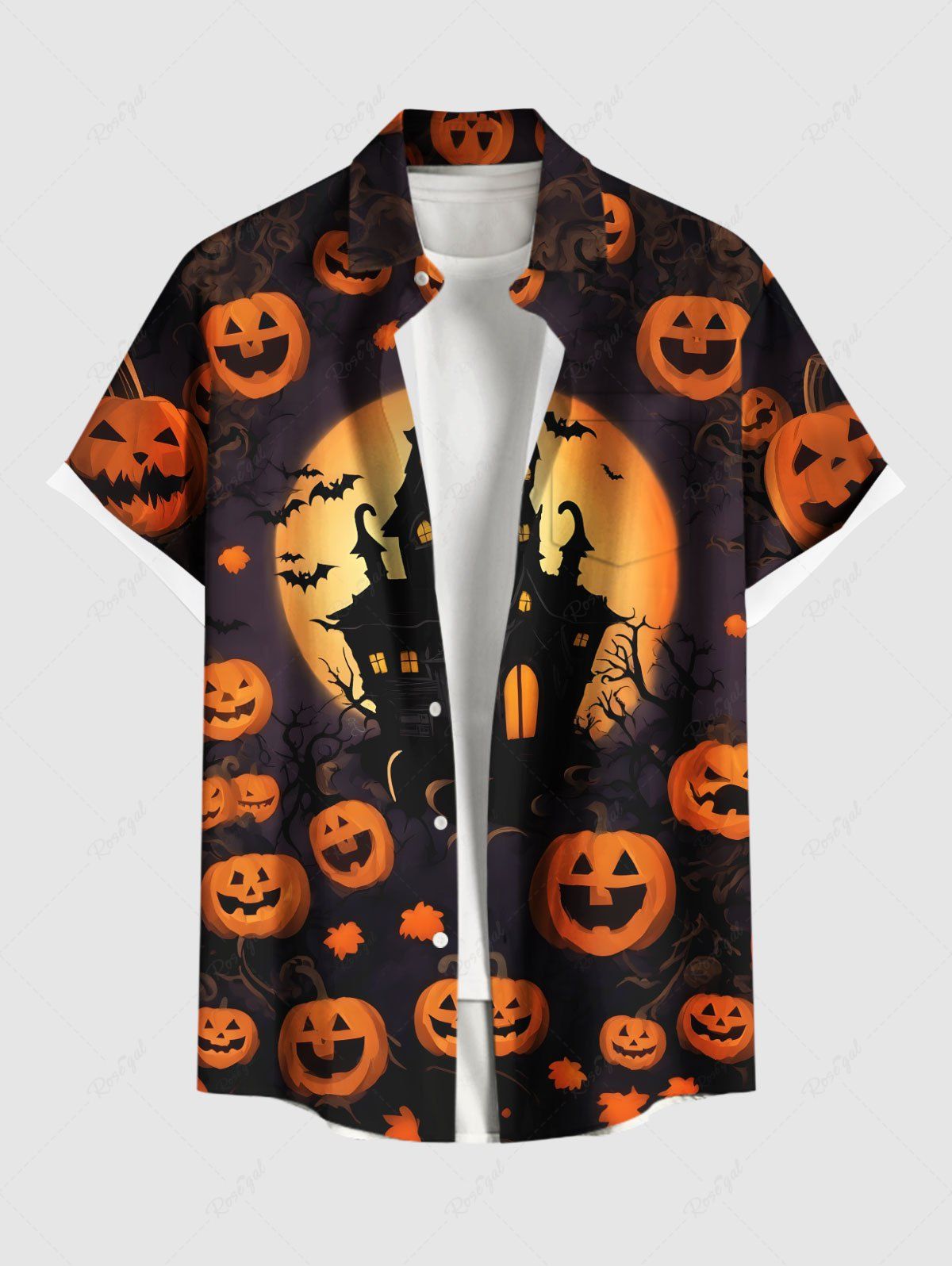 Chemise grande taille à boutons et poches pour homme, motif citrouille, lune, chauve-souris, château, Halloween Orange 3XL
