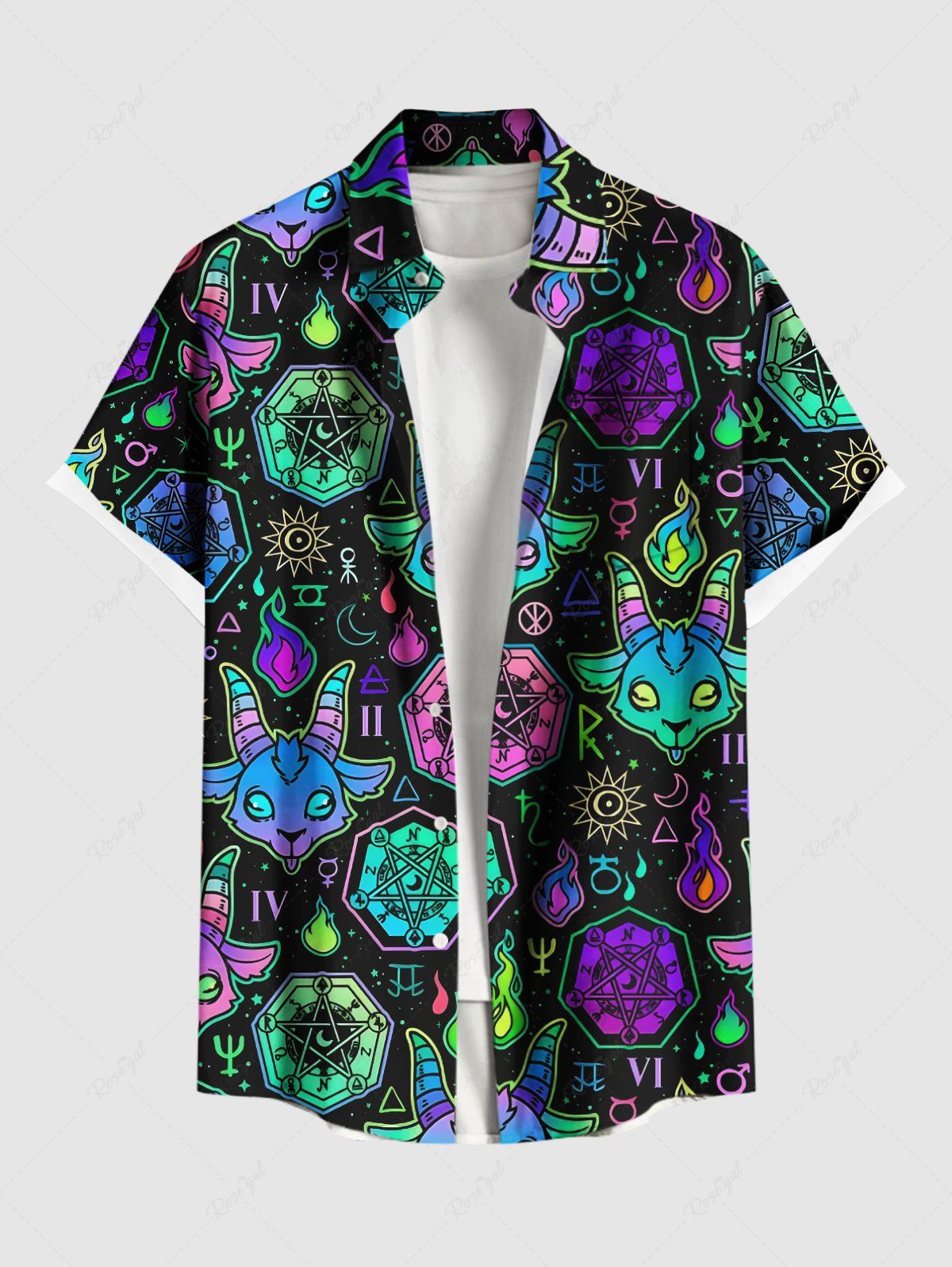 Chemise grande taille à boutons et poches pour homme, motif tête de mouton, galaxie, flammes, soleil et lune, imprimé Halloween Noir 5XL