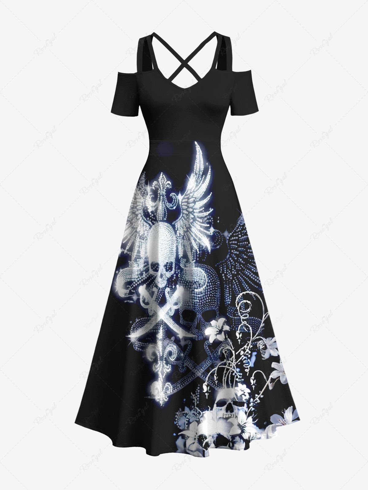 Latest Plus Size Halloween Skulls Wings Flowers Print Cold Shoulder Crisscross Maxi Dress  