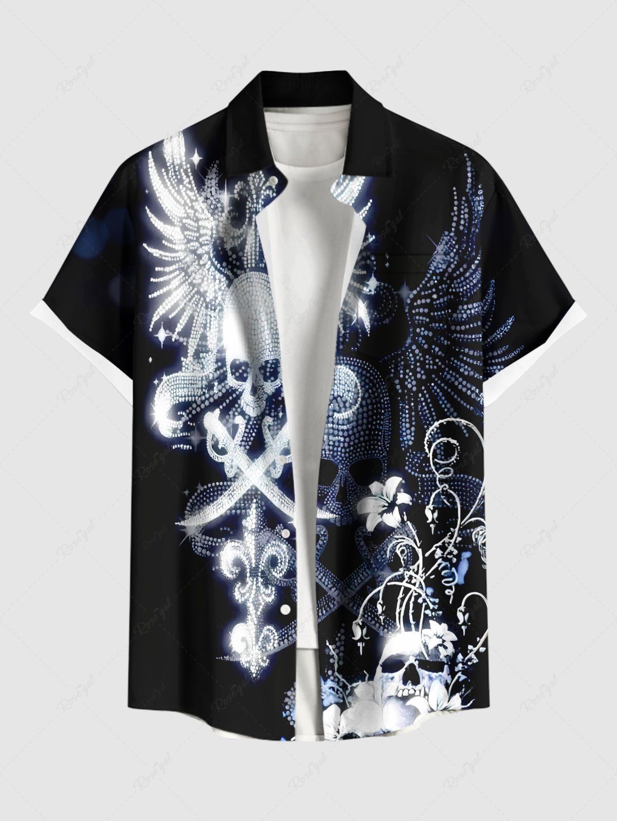 Chemise grande taille pour homme, avec boutons et poches, imprimé tête de mort, ailes et fleurs, pour Halloween Bleu de Minuit M