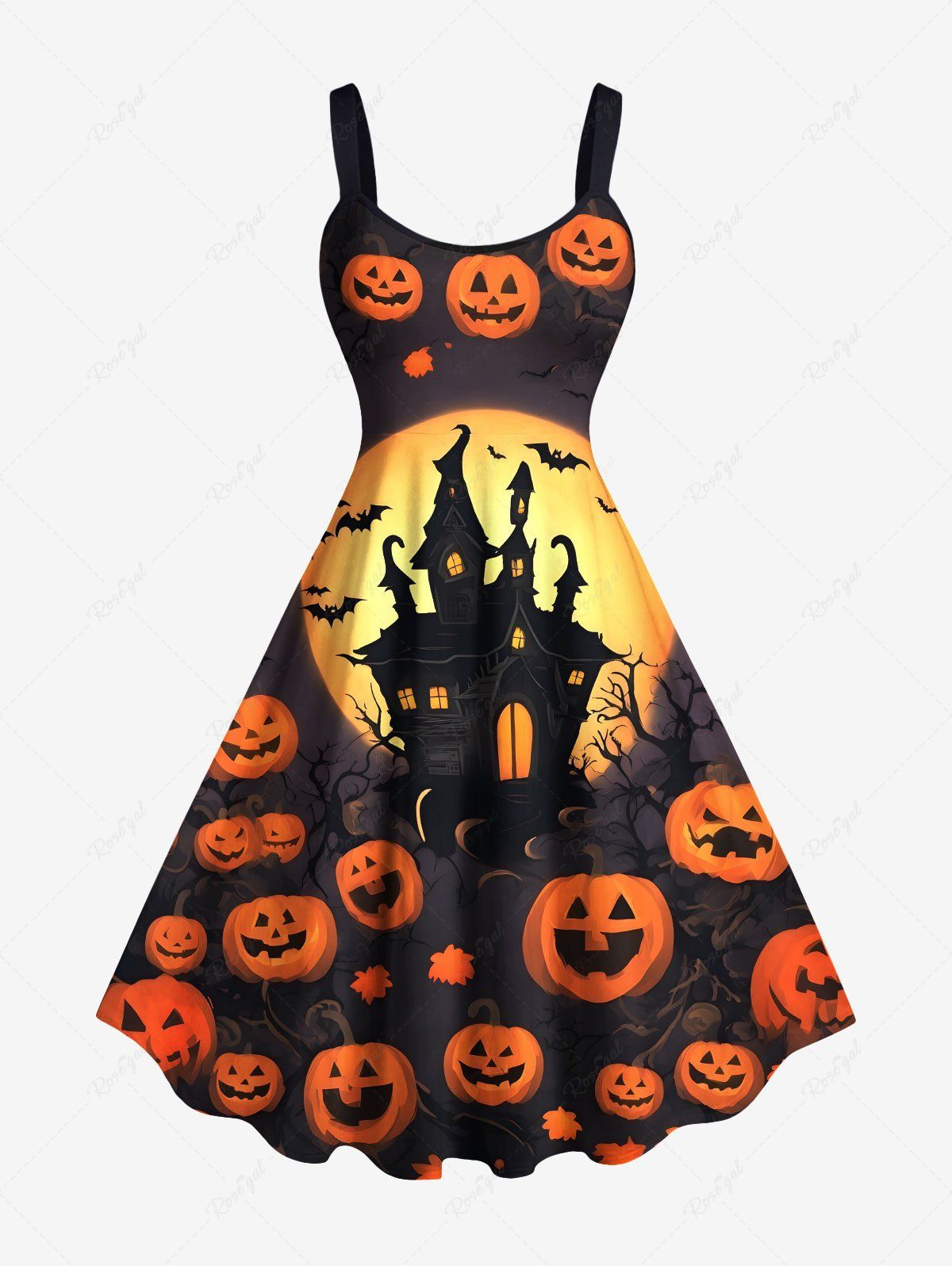Buy Plus Size Halloween Pumpkin Moon Bat Castle Print Tank Dress  