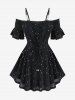 Stars Stamping Lace-up Cold Shoulder Top and Sheer Mesh Patchwork Ruffles Flare Pants Plus Size Outfit -  