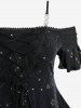 Stars Stamping Lace-up Cold Shoulder Top and Sheer Mesh Patchwork Ruffles Flare Pants Plus Size Outfit -  