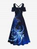 Robe longue hawaïenne grande taille à imprimé floral pailleté 3D, épaules dénudées et croisée - Bleu XXS