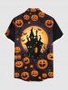 Plus Size Halloween Pumpkin Moon Bat Castle Print Buttons Pocket Shirt For Men -  