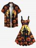 Plus Size Halloween Pumpkin Moon Bat Castle Print Tank Dress -  