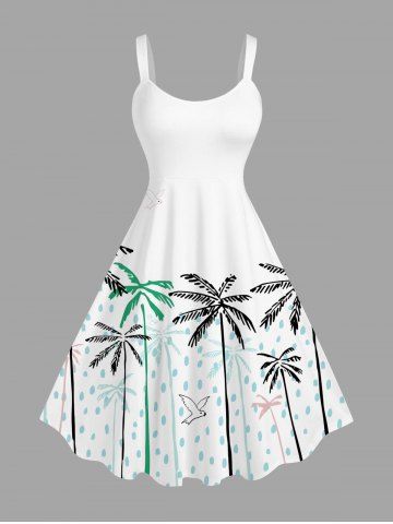 Plus Size Coconut Tree Bird Rain Drop Print Hawaii Tank Dress - WHITE - L