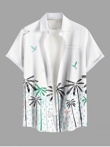 Plus Size Coconut Tree Bird Rain Drop Print Buttons Pocket Hawaii Shirt For Men - WHITE - L