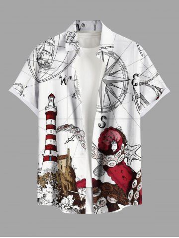 Plus Size Octopus Starfish Lighthouse Sea Waves Ship Rudder Cruise Print Buttons Pocket Hawaii Shirt For Men - WHITE - 5XL