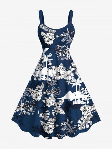 Plus Size Flowers Tropical Leaf Coconut Tree Print Hawaii Tank Dress - NAVY BLUE - 6X