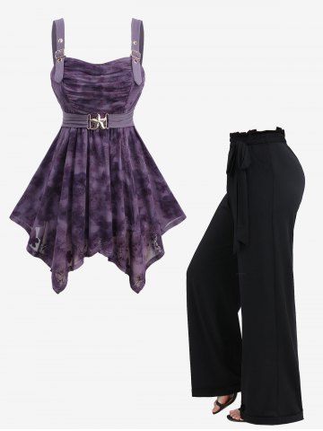 Pine Tree Butterfly Print Tank Top and Ruffles Waist Wide Leg Pants Plus Size Outfit - PURPLE
