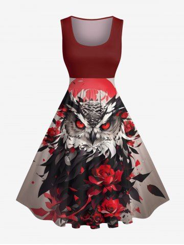 Plus Size Halloween Owl Rose Flowers Print 1950s Vintage Dress - RED - XXS