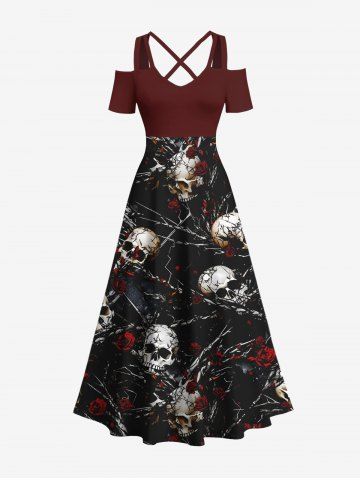 Plus Size Halloween Skulls Rose Flowers Chains Print Cold Shoulder Crisscross Maxi Dress - BLACK - XXS