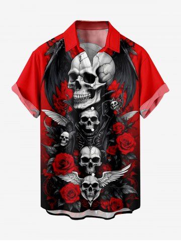 Plus Size Halloween Skulls Wings Rose Flowers Butterfly Print Buttons Pocket Shirt For Men - RED - S