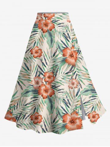 Plus Size Hibiscus Flowers Tropical Leaf Print Split Hawaii Skirt - GREEN - M