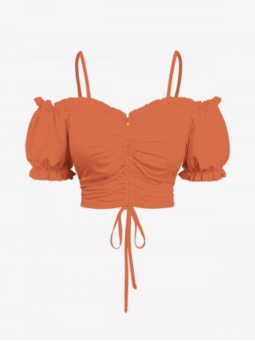 Plus Size Cinched Ruched Ruffles Cold Shoulder Cami Top - ORANGE - 2X