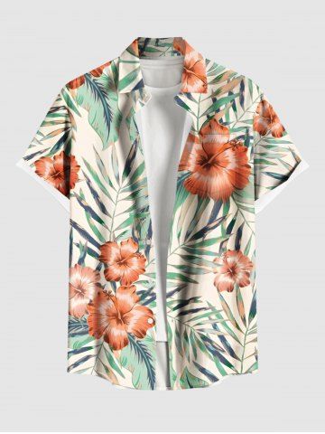 Plus Size Hibiscus Flowers Tropical Leaf Print Buttons Pocket Hawaii Shirt For Men - GREEN - S
