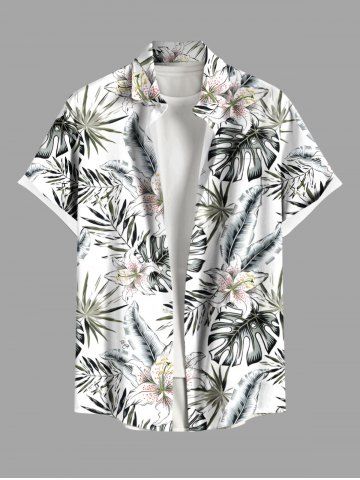 Plus Size Flowers Tropical Leaf Print Buttons Pocket Hawaii Shirt For Men - WHITE - S