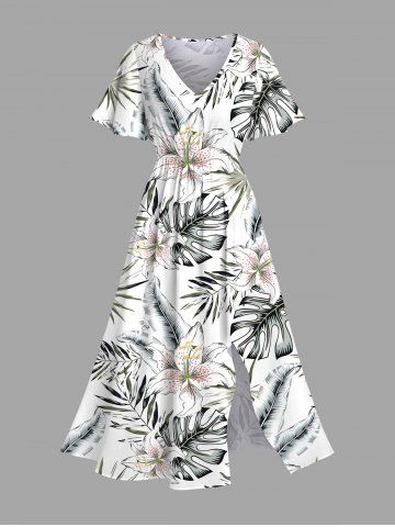 Plus Size Flowers Tropical Leaf Print Split Hawaii Midi Dress - WHITE - 4X