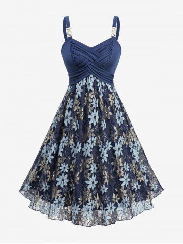 Plus Size Two Tone Flower Lace Crossover A Line Dress - BLUE - 1X | US 14-16
