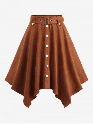 Plus Size Buttons Suede Handkerchief Asymmetric Skirt with Removable Belt - COFFEE - L | US 12