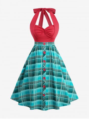Plaid Print Button Twist Ruched Halter Backless A Line Dress - GREEN - S