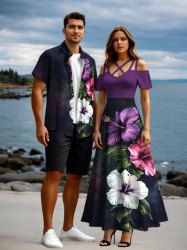 Tropical Leaf Hibiscus Flower Print Plus Size Matching Hawaii Beach Outfit For Couples -  