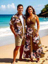 Flower Leaf Print Plus Size Matching Hawaii Beach Outfit For Couples -  