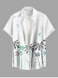 Chemise hawaïenne grande taille à imprimé cocotier, oiseaux et gouttes de pluie, boutons et poches pour homme - Blanc L
