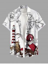 Chemise hawaïenne grande taille à imprimé poulpe, étoile de mer, phare, vagues, navire, gouvernail, croisière, boutons, poche, pour homme - Blanc M