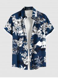 Chemise hawaïenne grande taille à imprimé fleurs, feuilles tropicales, cocotiers, boutons et poches pour homme - Bleu Marine S