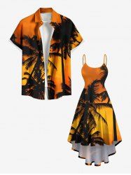 Tenue de plage hawaïenne assortie grande taille à imprimé ombré cocotier pour couples - Orange Foncé 