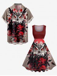 Halloween Owl Rose Flowers Print Plus Size Matching Outfit For Couples -  