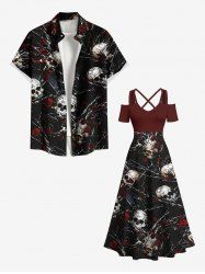 Halloween Skulls Rose Flowers Chains Print Plus Size Matching Outfit For Couples -  