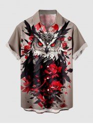 Plus Size Halloween Owl Rose Flowers Print Buttons Pocket Shirt For Men -  