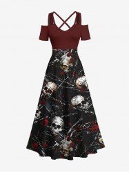 Robe longue grande taille à imprimé tête de mort, roses, fleurs et chaînes, épaules dénudées et croisées - Noir L