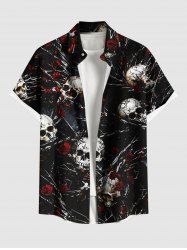 Plus Size Halloween Skulls Rose Flowers Chains Print Buttons Pocket Shirt For Men -  