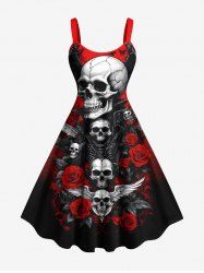 Plus Size Halloween Skulls Wings Rose Flowers Butterfly Print Tank Dress -  