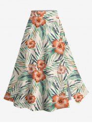 Plus Size Hibiscus Flowers Tropical Leaf Print Split Hawaii Skirt -  